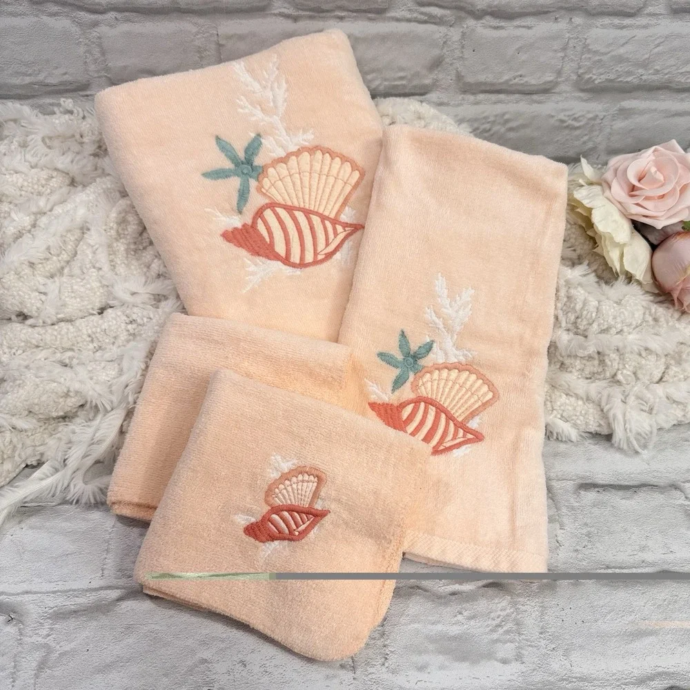 Vtg RA Briggs Seashell Embroidered Peach Bath Towel 4pc Set Beach House Seashore